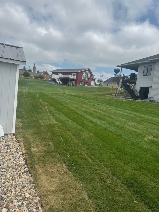 A sunny, grassy lawn leads toward a red house on a hill, with a portion of a white building visible in the foreground.