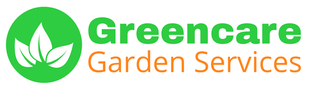 A green and orange logo for greencare garden services.