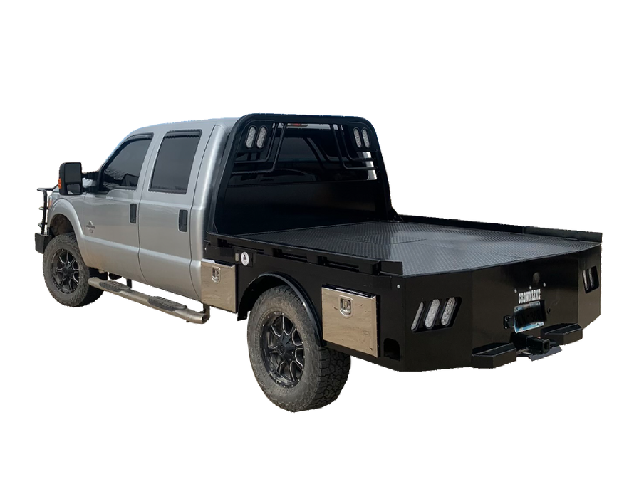 phone of silver truck with black steel skirted flatbed with chrome toolboxes
