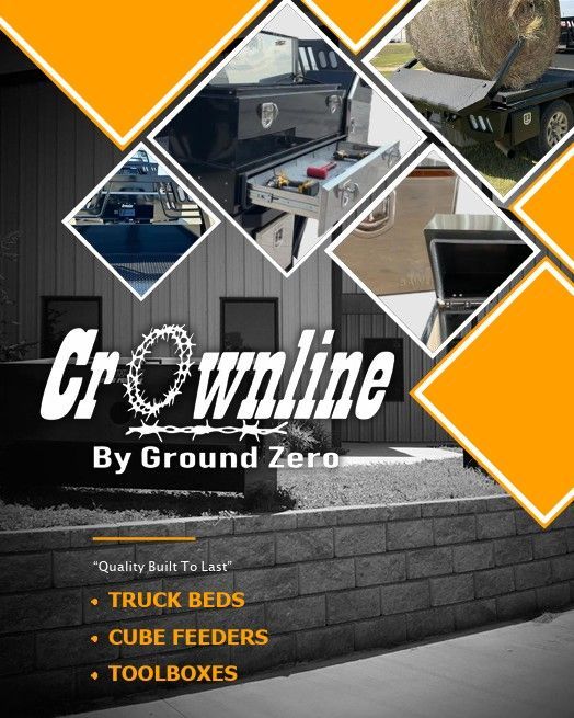 Newest Crownline by GZ catalog with flat beds, feeders, tool boxes and more. A brochure with a picture of a truck and toolboxes on it