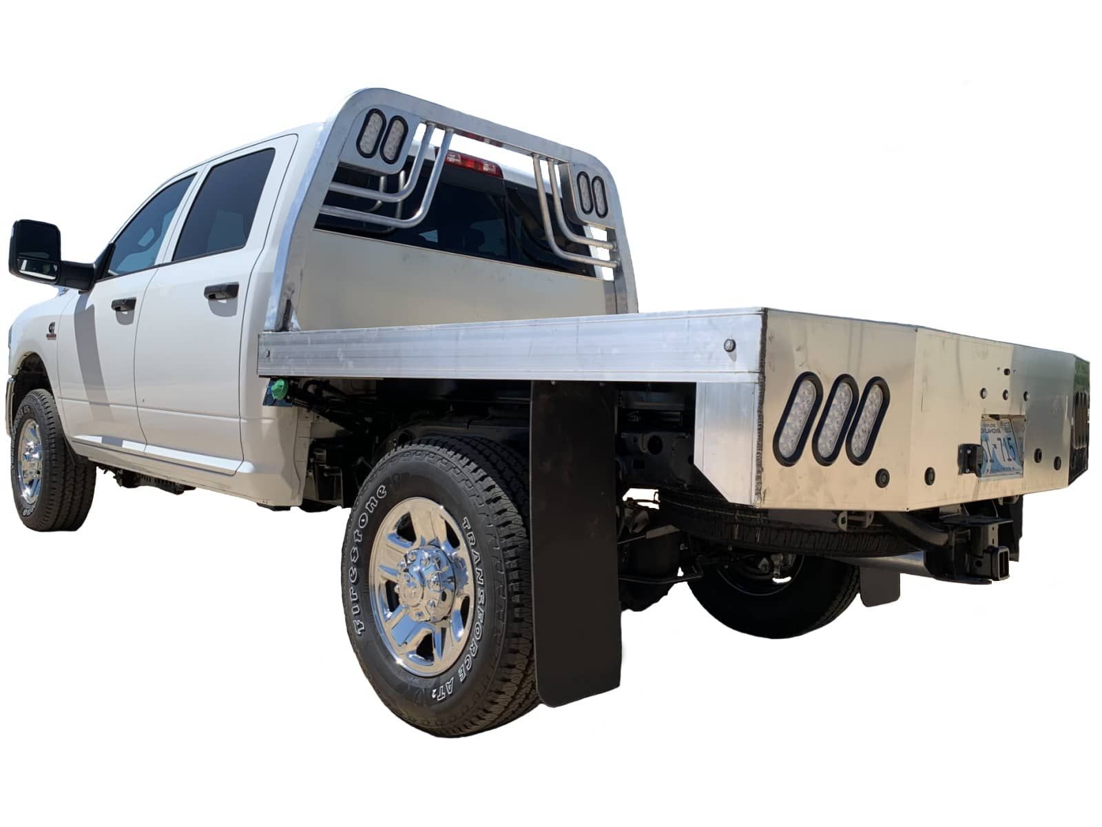 A white truck with an aluminum flat bed on a white background.