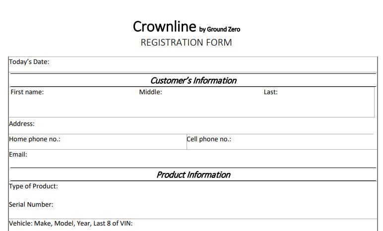 image of Crownline product registration form