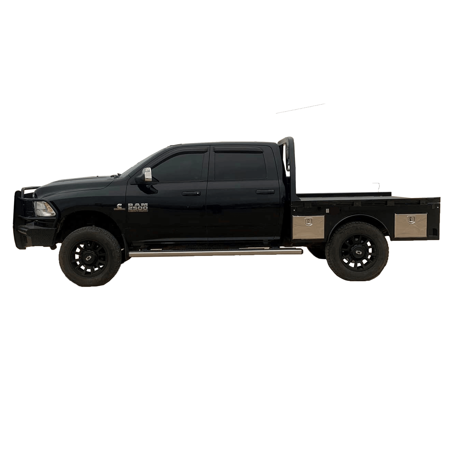 A black dodge ram truck with a skirted flatbed on a white background.