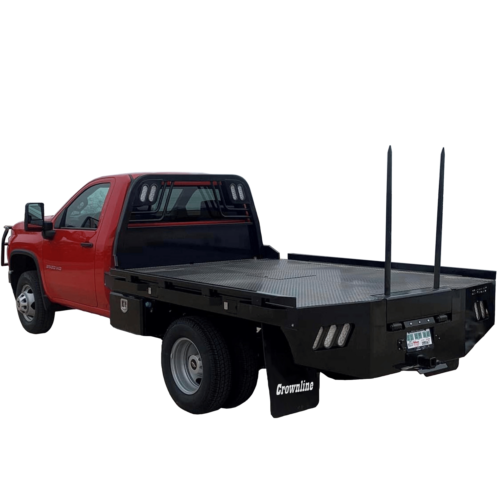 A red truck with a hay spike flat bed on a white background.