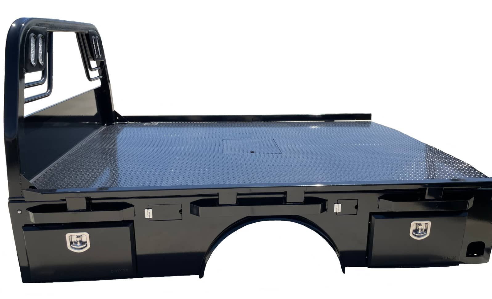 A black truck bed with a tray on top of it on a white background.