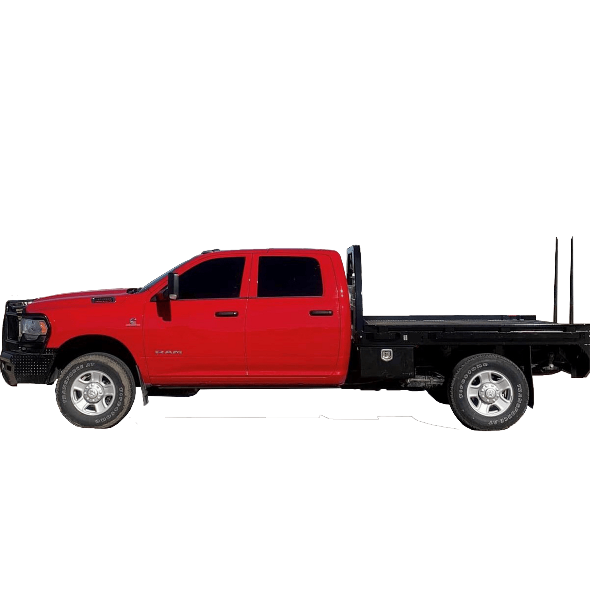 A red truck with a flat bed on a white background.