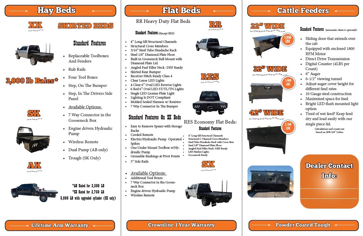 A brochure showing different types of truck flatbeds and their features