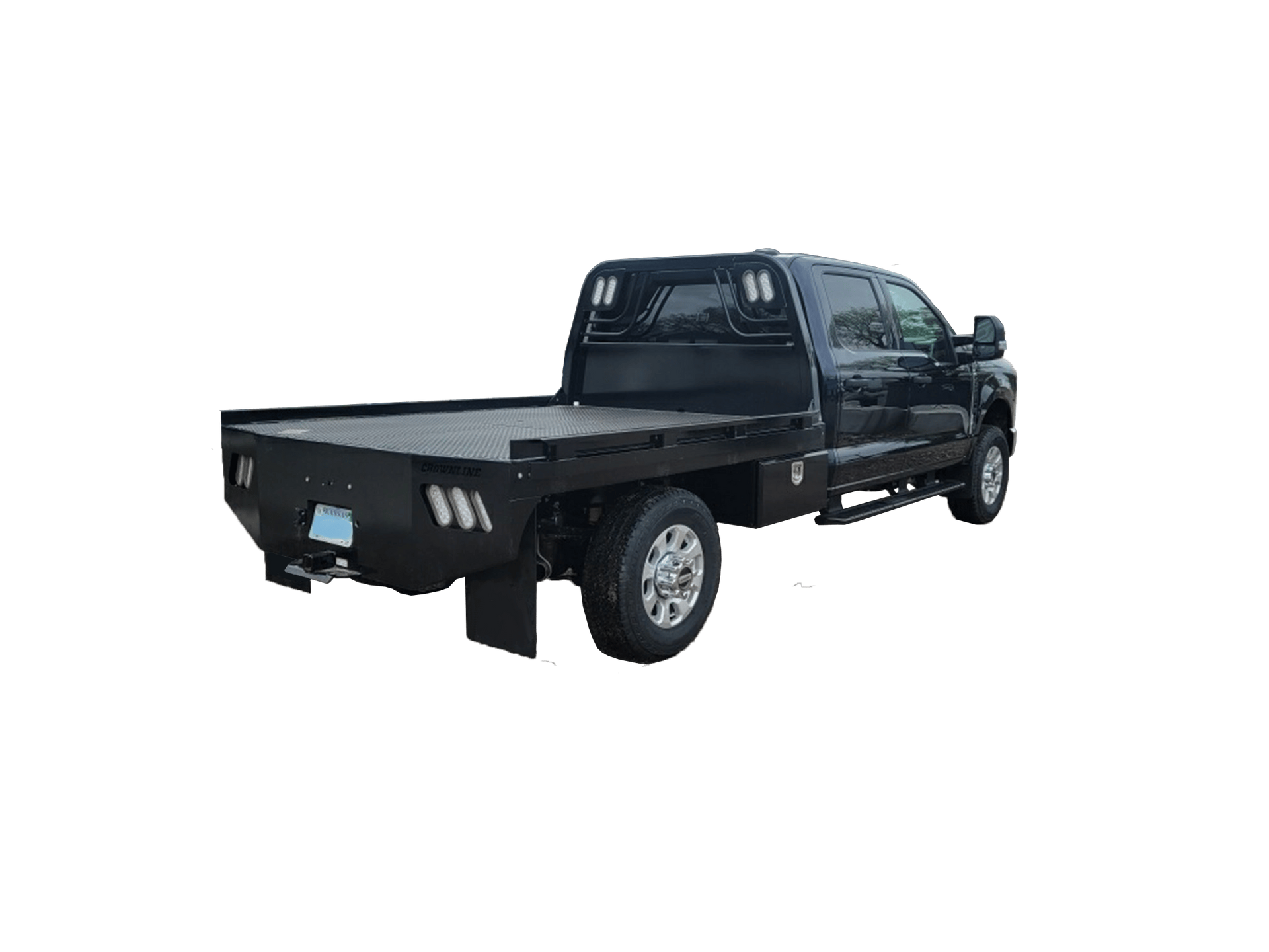 A black truck with a flat bed on a white background.