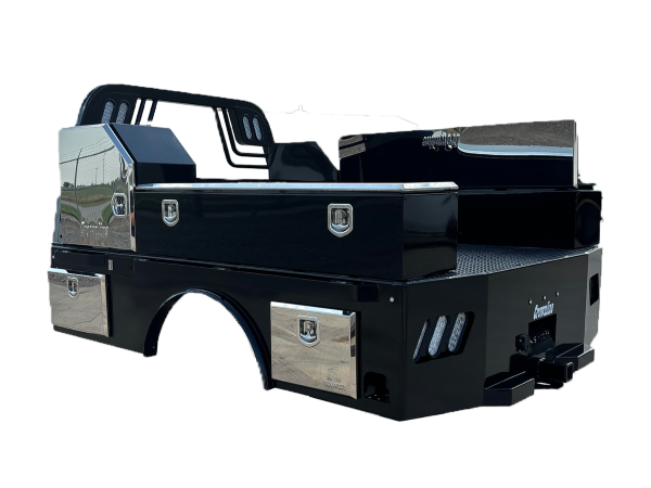 Black flatbed truck body with storage, stainless steel accents, and headache rack.