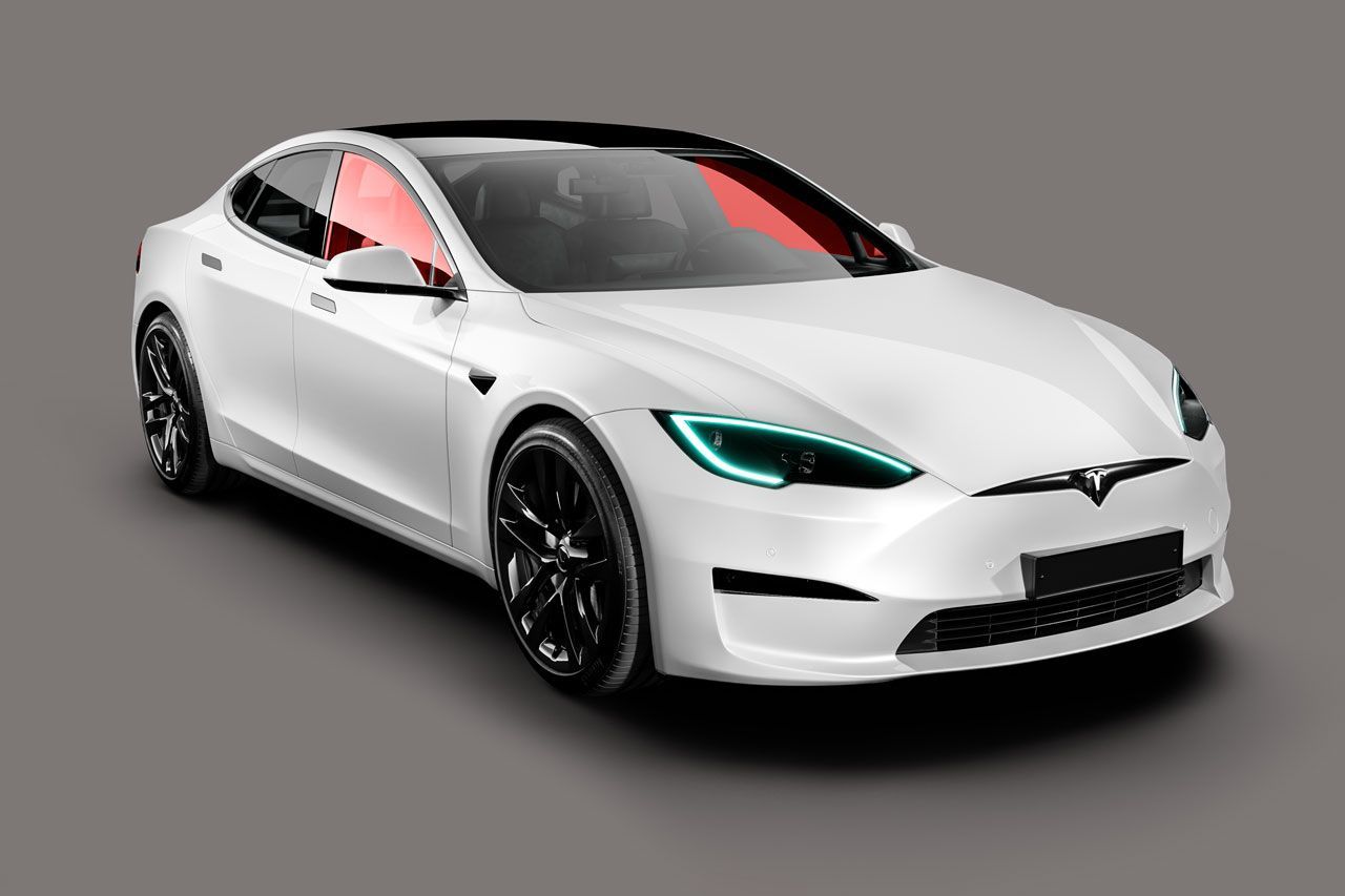 a white tesla model s with a red windshield on a gray background .