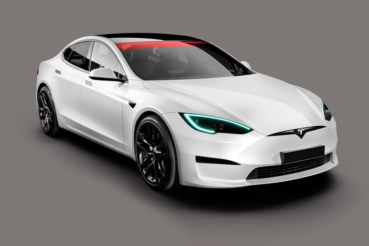 a white tesla model s with a red roof is on a gray background .