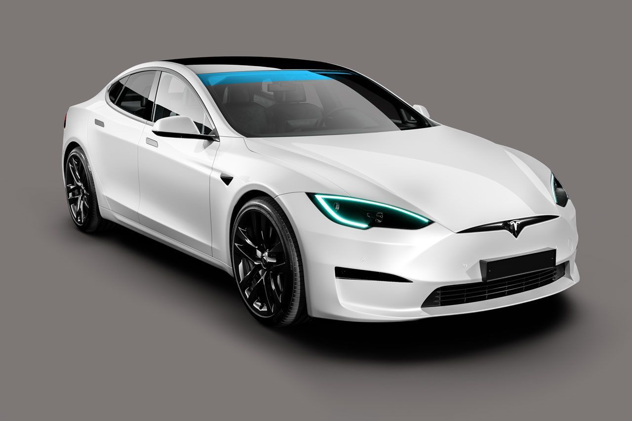 a white tesla model s with a blue windshield on a gray background .