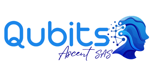 Logotipo de "Qubits Ascent SAS" con una cabeza humana azul estilizada y puntos conectados.