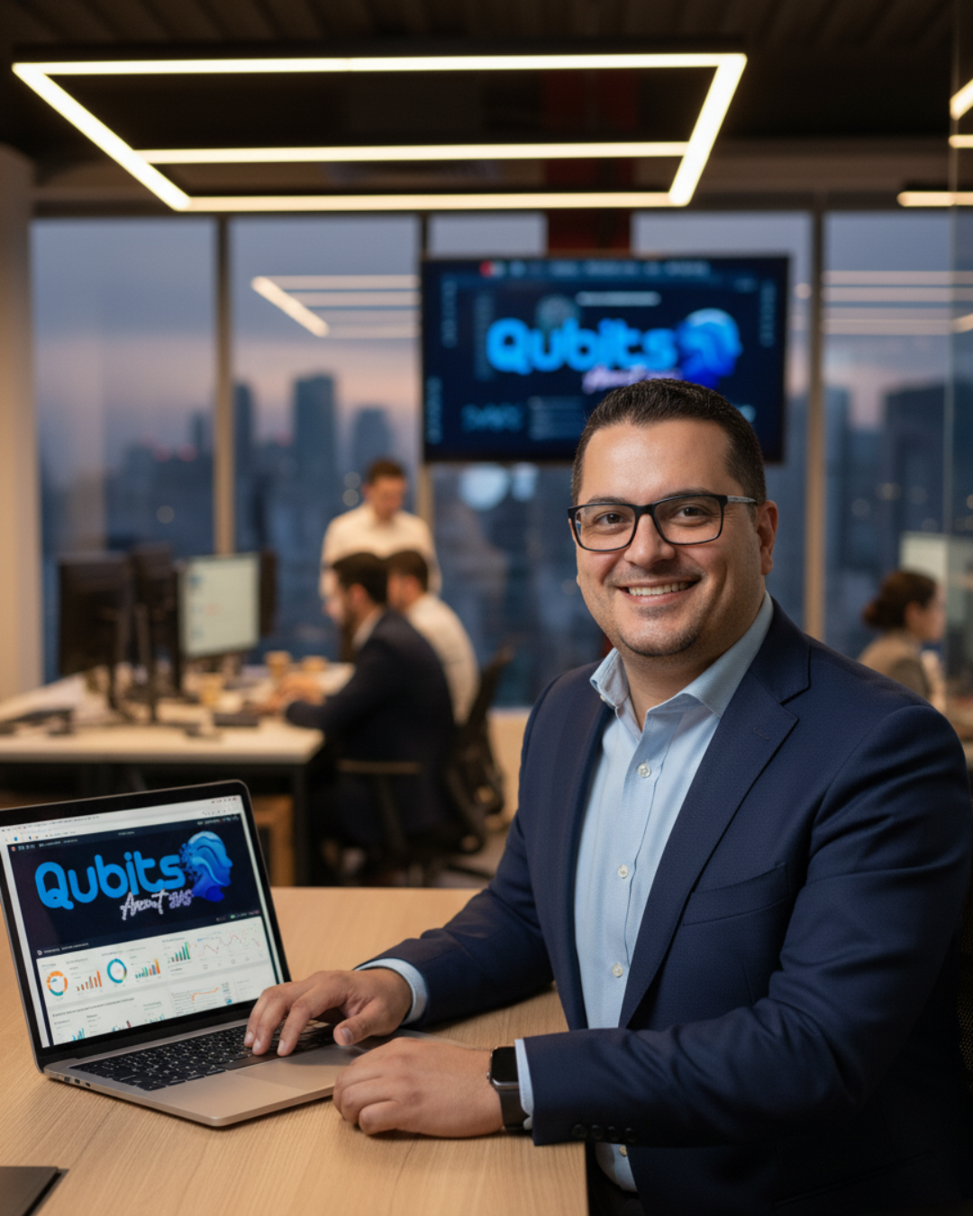 Hombre de traje analizando gráficos y usando una computadora portátil en el escritorio.