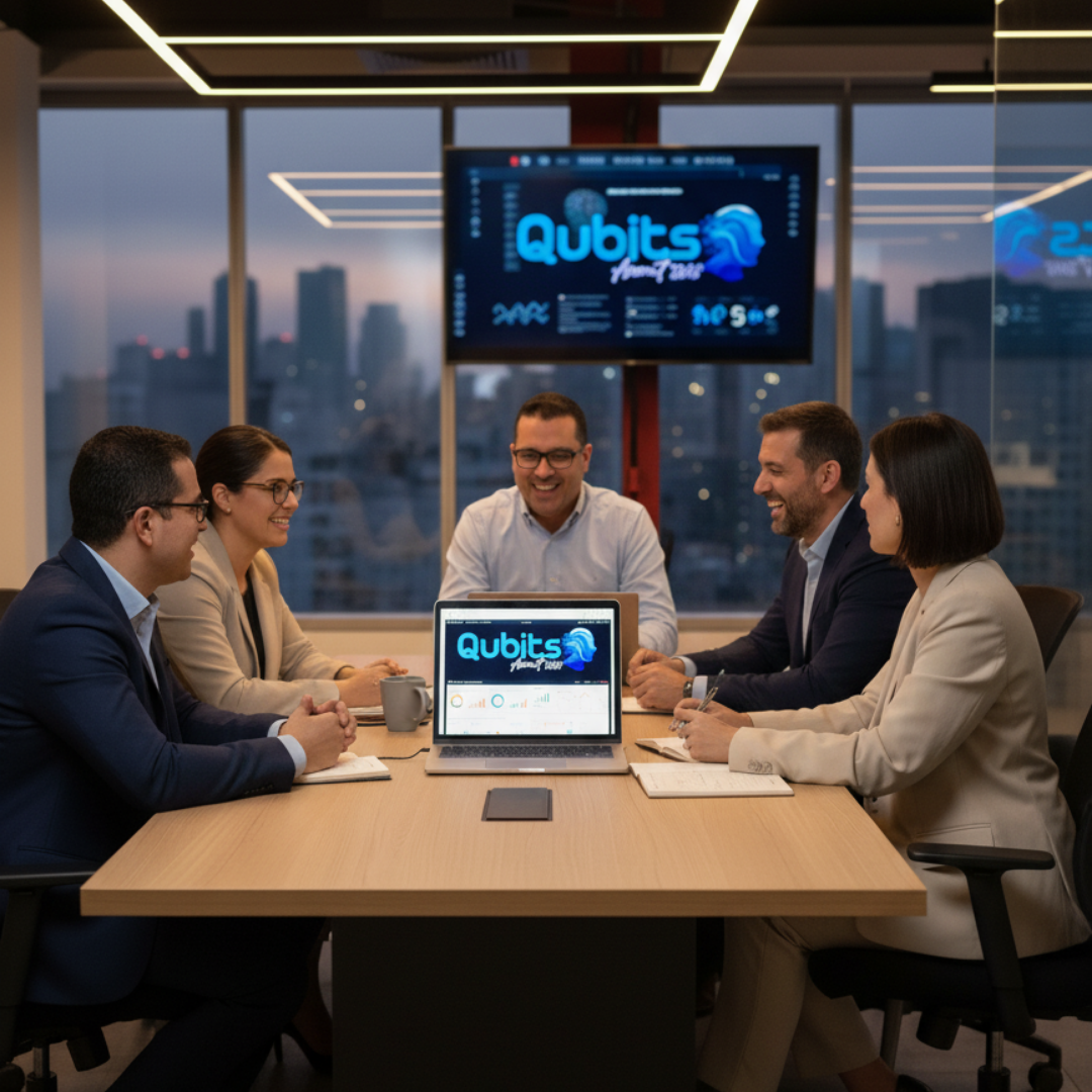 Cuatro personas discutiendo alrededor de una mesa con papeles, ventanas y plantas al fondo.