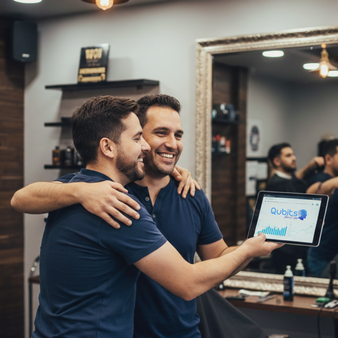 Un hombre y una mujer revisan datos en una gran pantalla de ordenador. Plantas en macetas en primer plano.