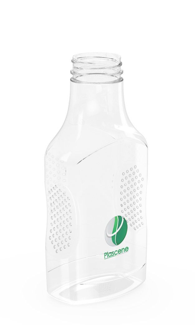 A clear plastic bottle with a green logo on it on a white background.