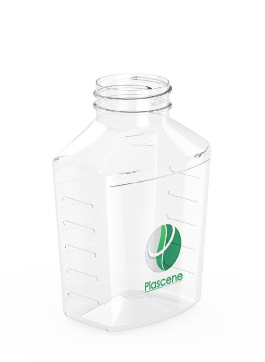 A clear plastic bottle with a green logo on it