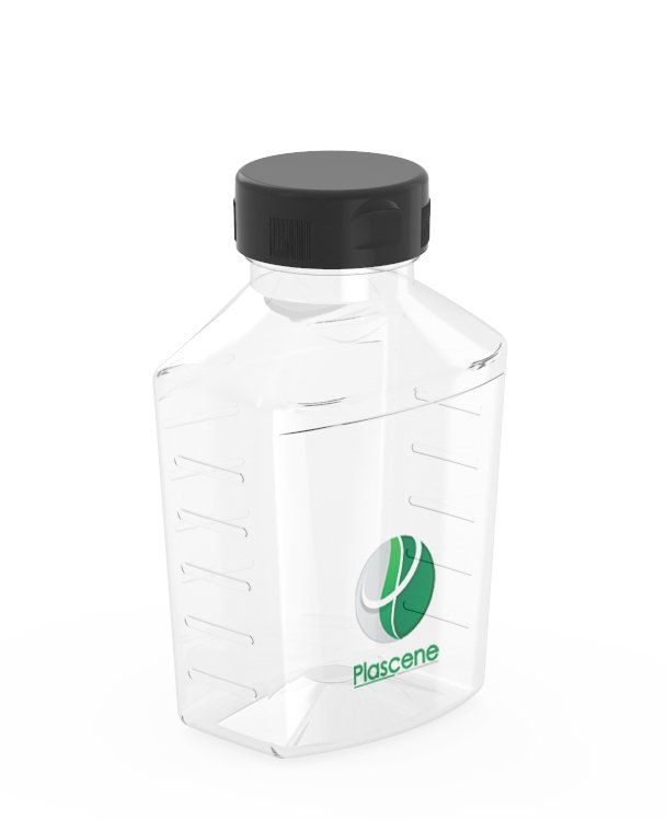 A clear plastic bottle with a black lid and a green logo on it.