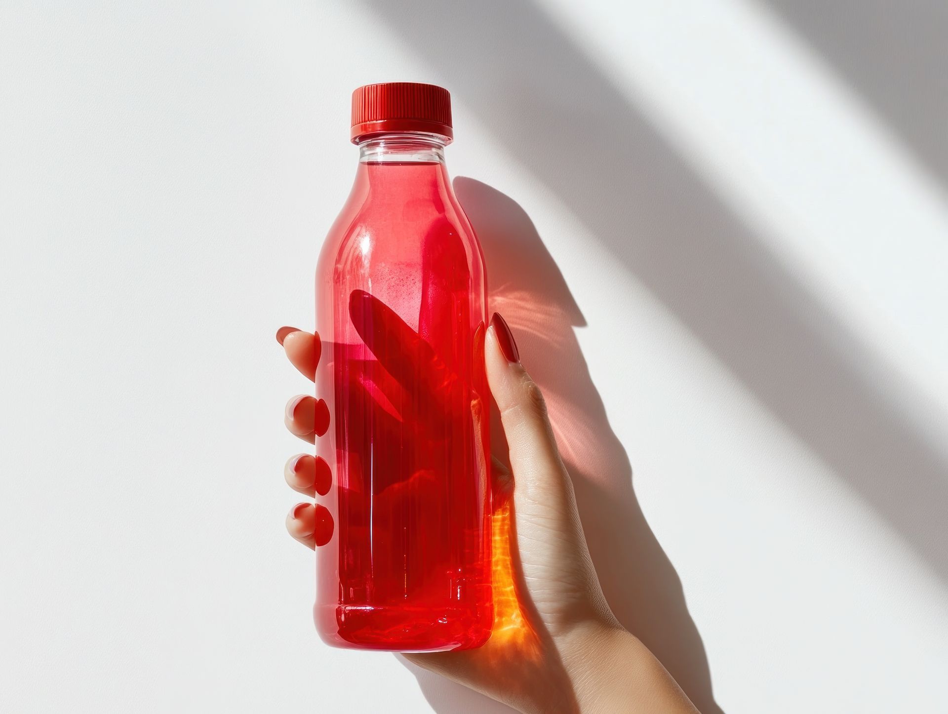 A person is holding a bottle of red liquid in their hand.