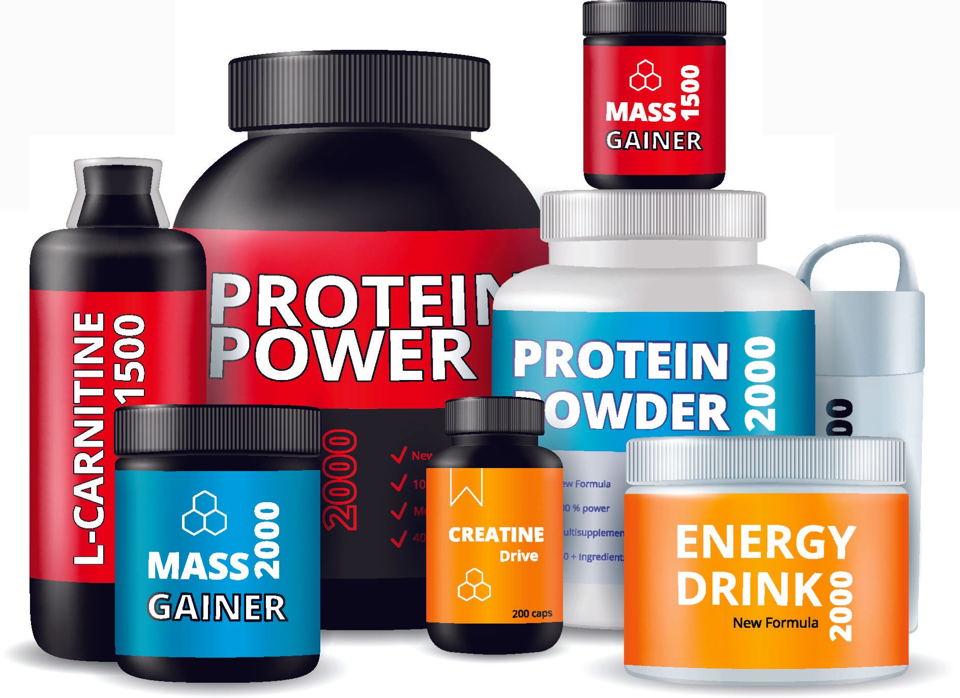 Plastic jars of protein powder and energy drink.