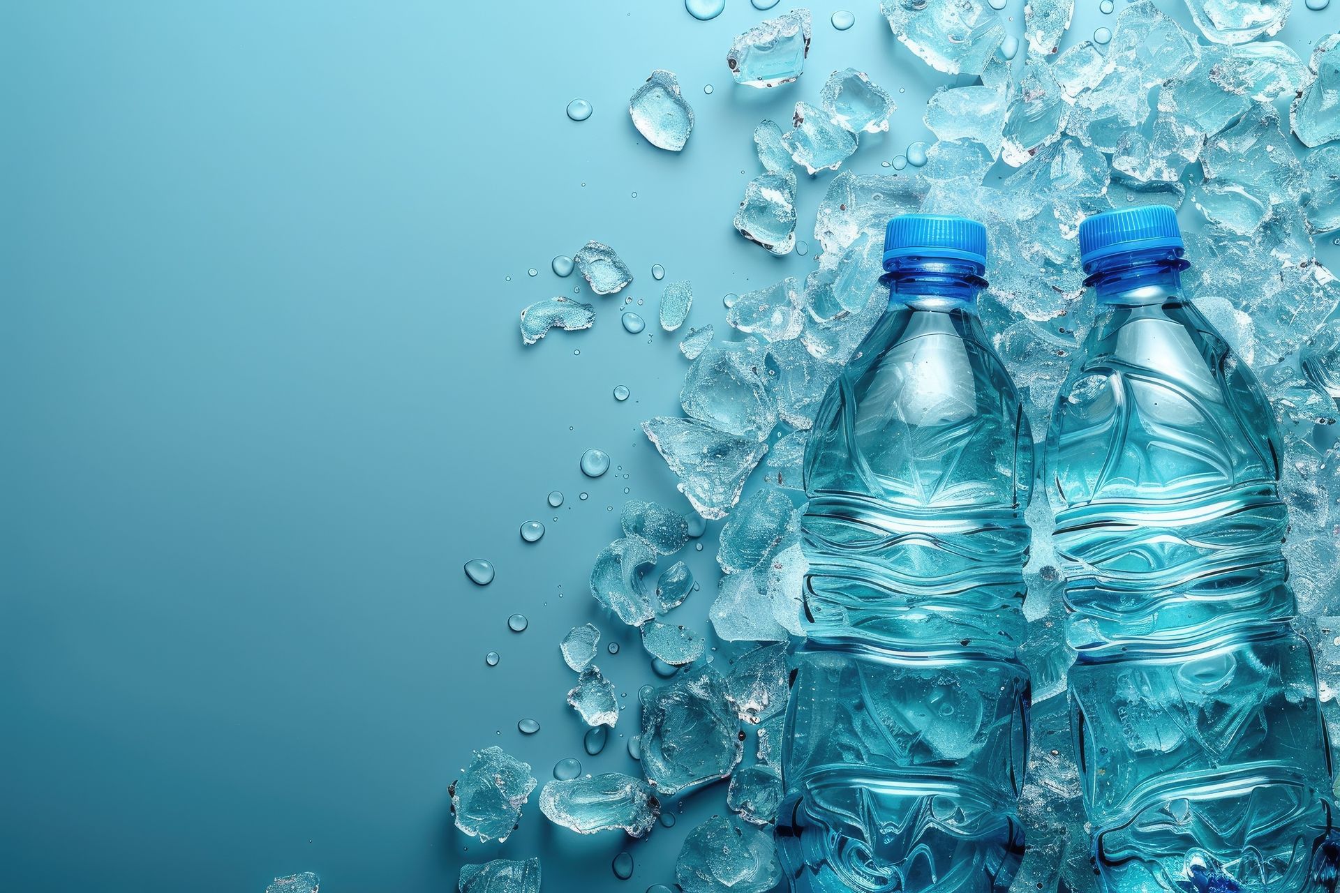 Two bottles of water surrounded by ice cubes on a blue background.
