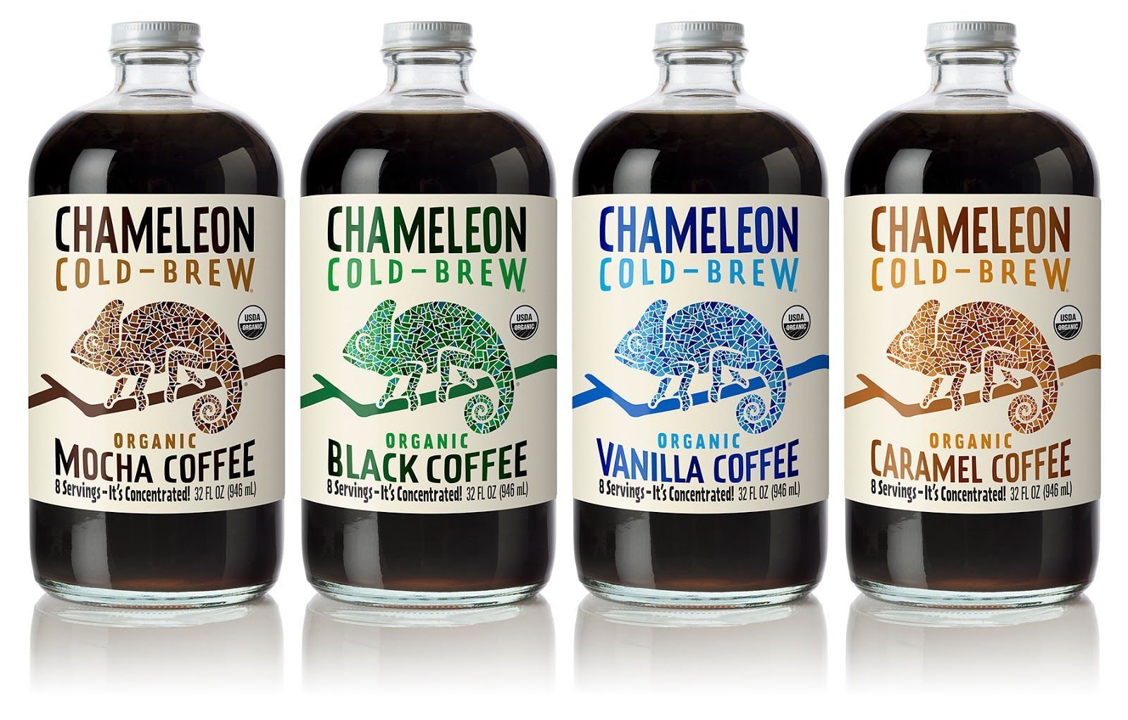 four bottles of chameleon cold brew are lined up in a row