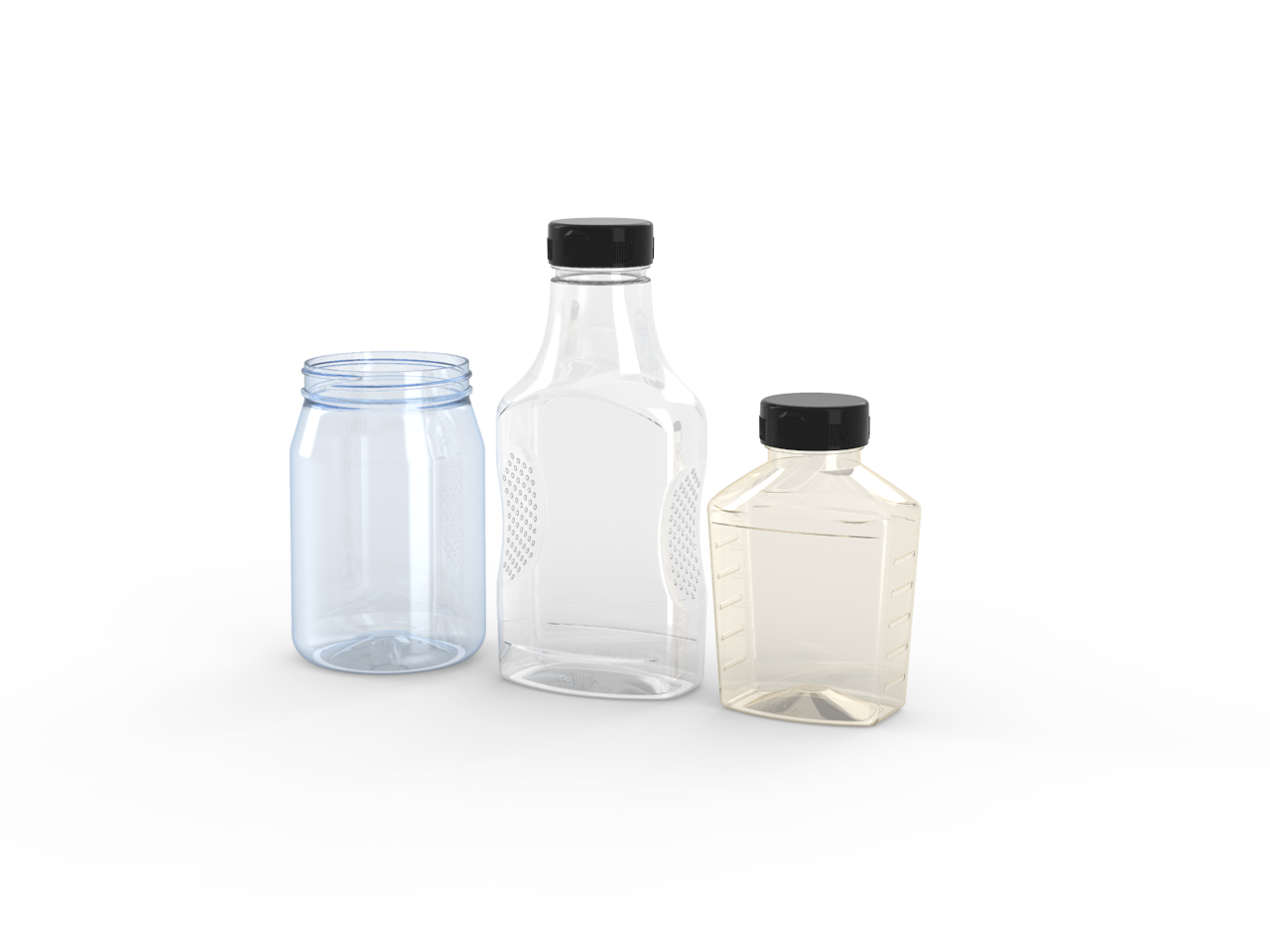 Three plastic bottles are sitting next to each other on a white surface.