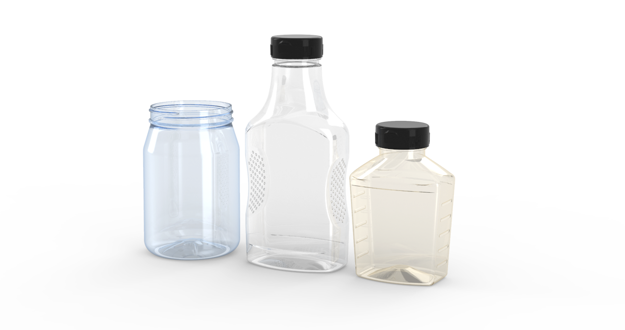 Three plastic bottles are sitting next to each other on a white surface.