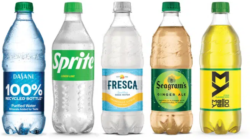 Clear rPET plastic bottles of DASANI, Sprite, Fresca, Seagram's Ginger Ale, and Mello Yello