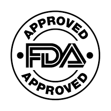 A black and white fda approved logo on a white background.