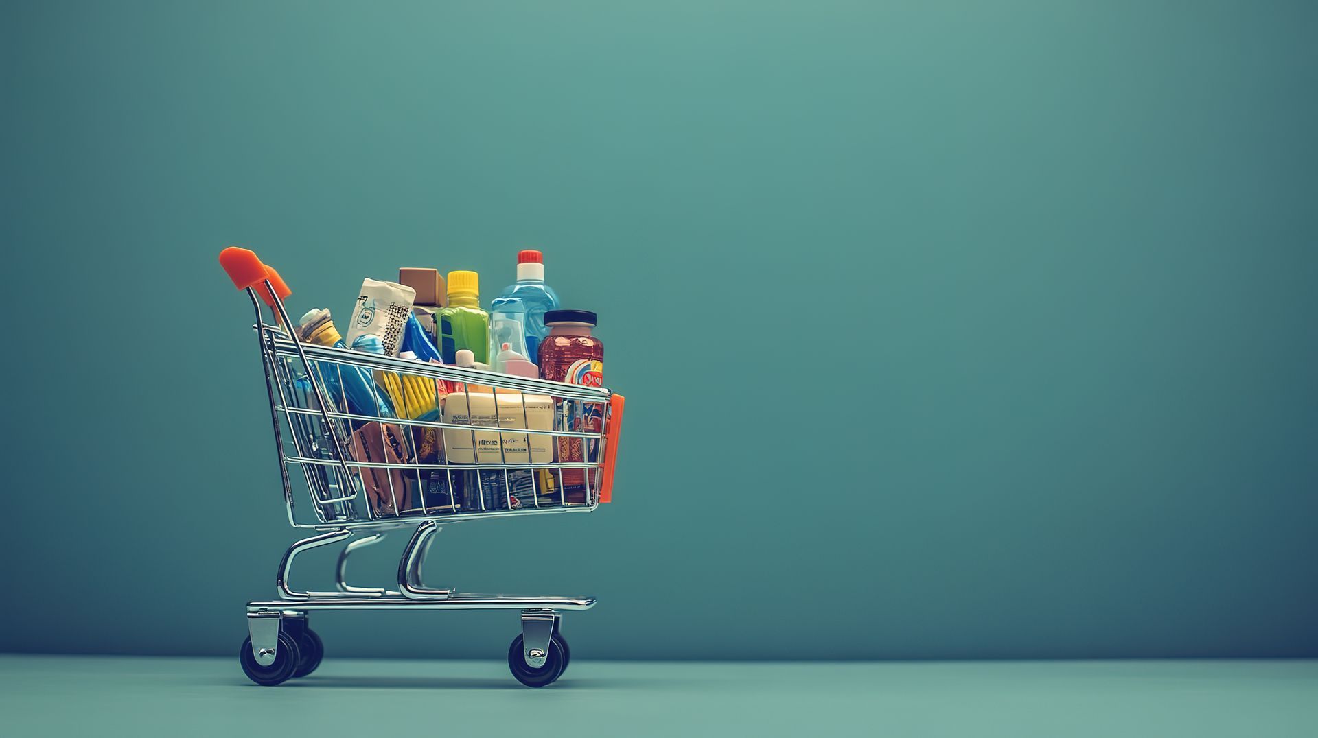 A shopping cart filled with groceries is sitting on a table.