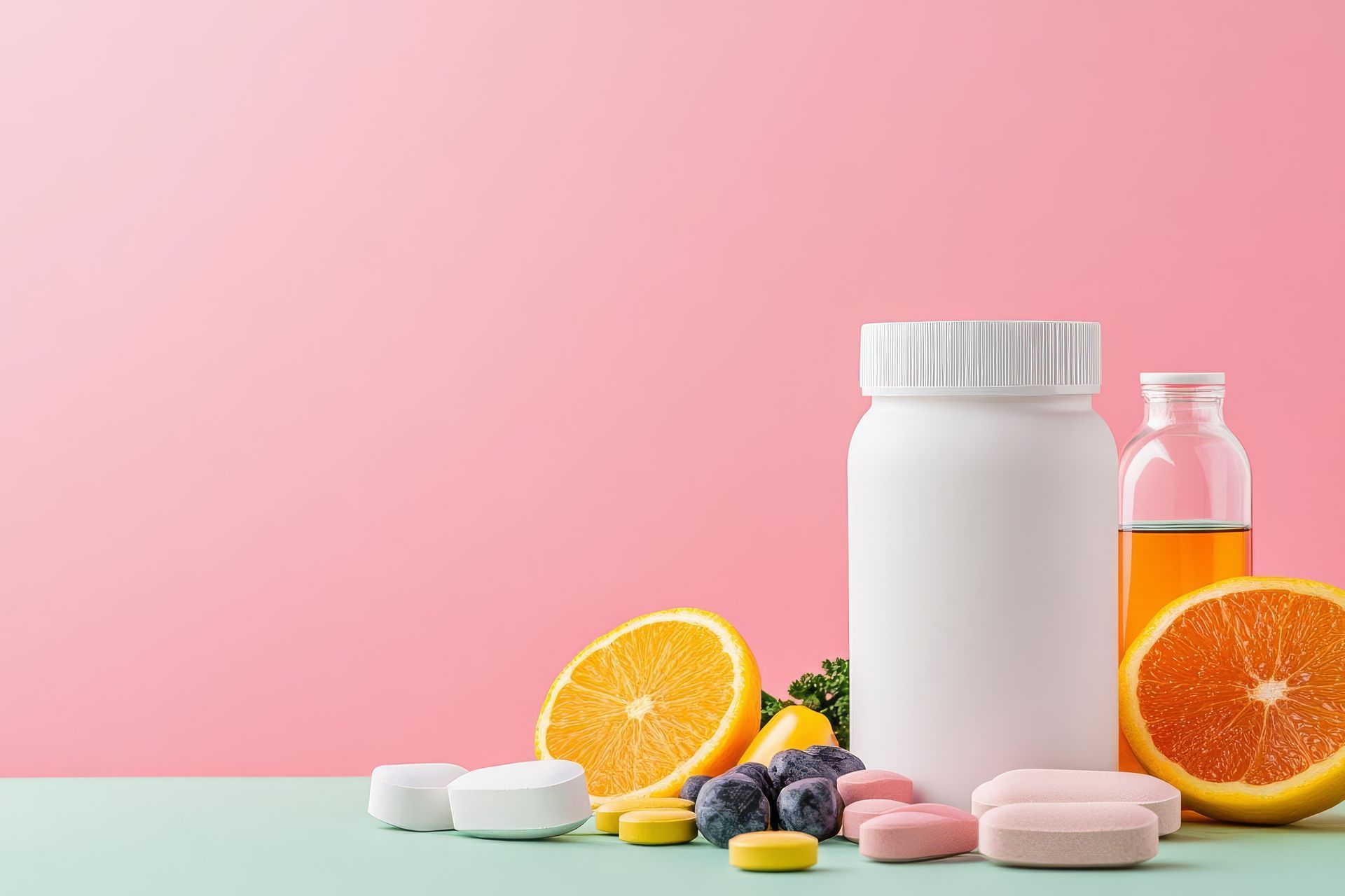 A bottle of vitamins and fruit on a pink background.