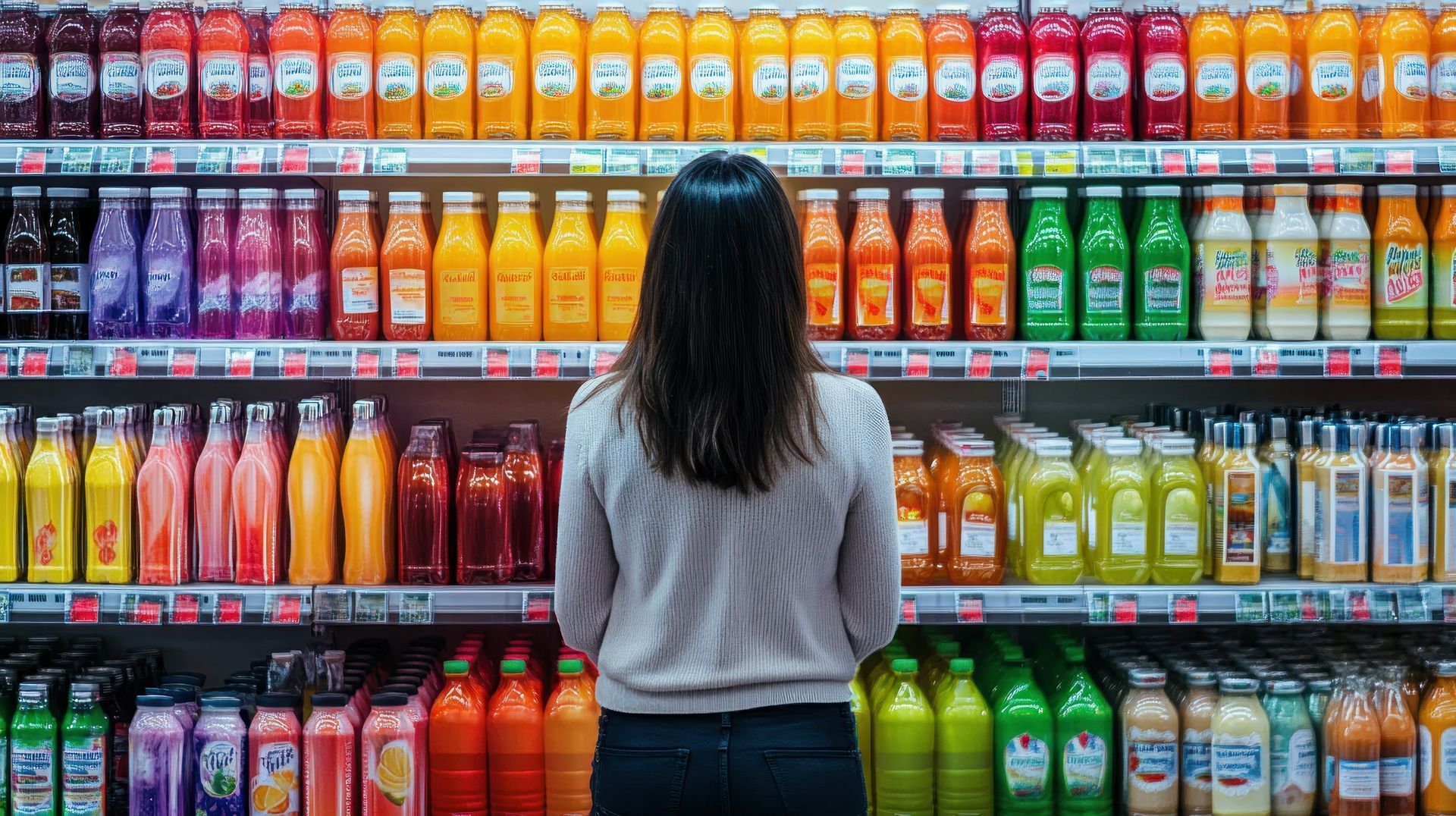 A woman is standing in front of a shelf of juices in a grocery store.