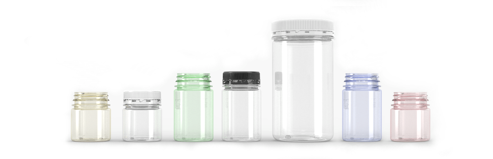 Row of clear, round plastic jars of various sizes and colors.