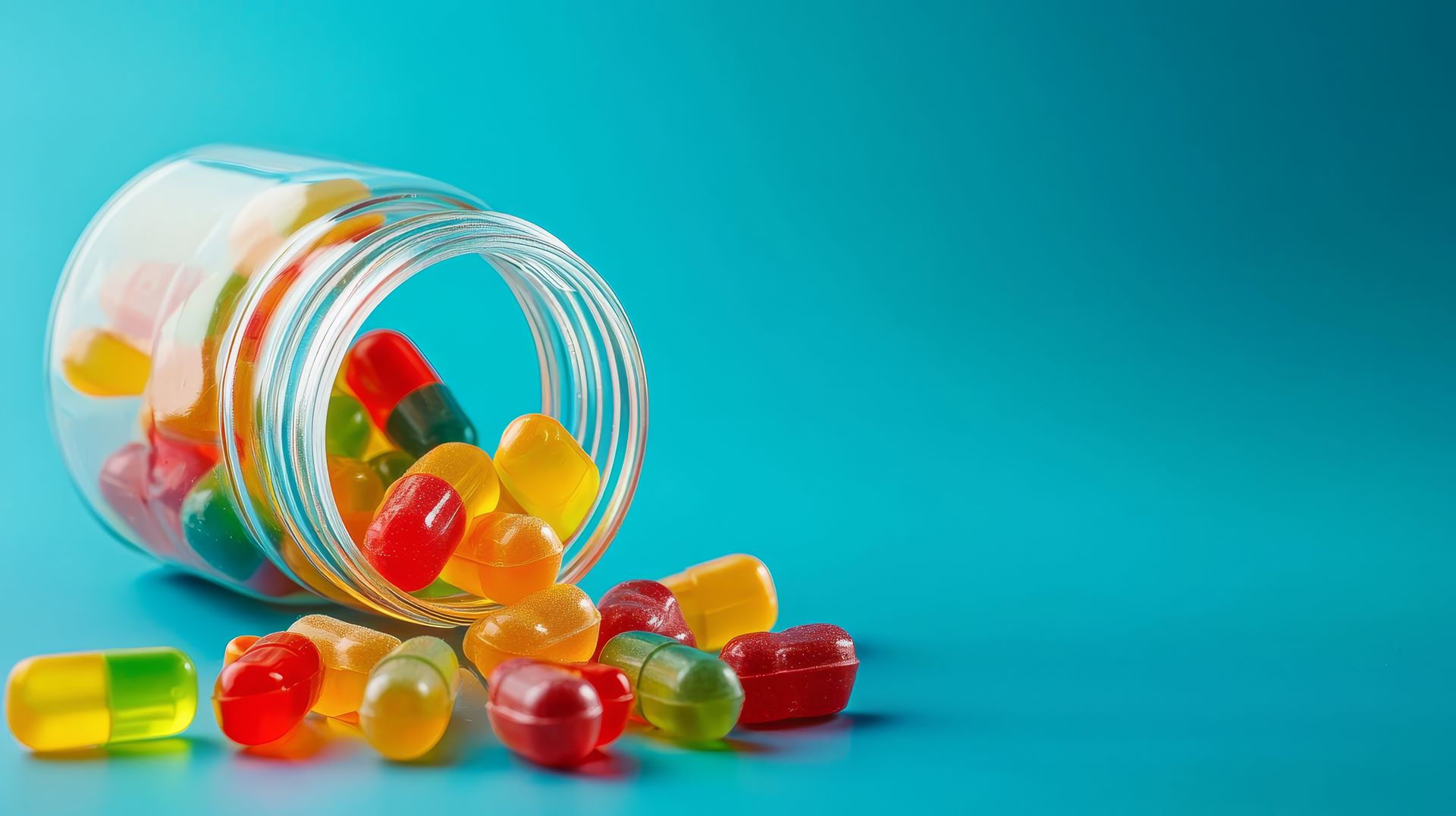 A jar of gummy bears is spilling out of it on a blue surface.