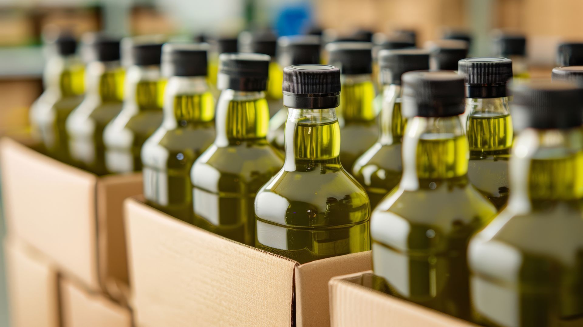 A row of bottles of olive oil in cardboard boxes.