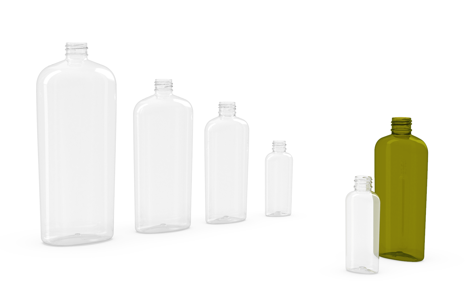 A group of plastic bottles of different sizes are lined up in a row on a white background.