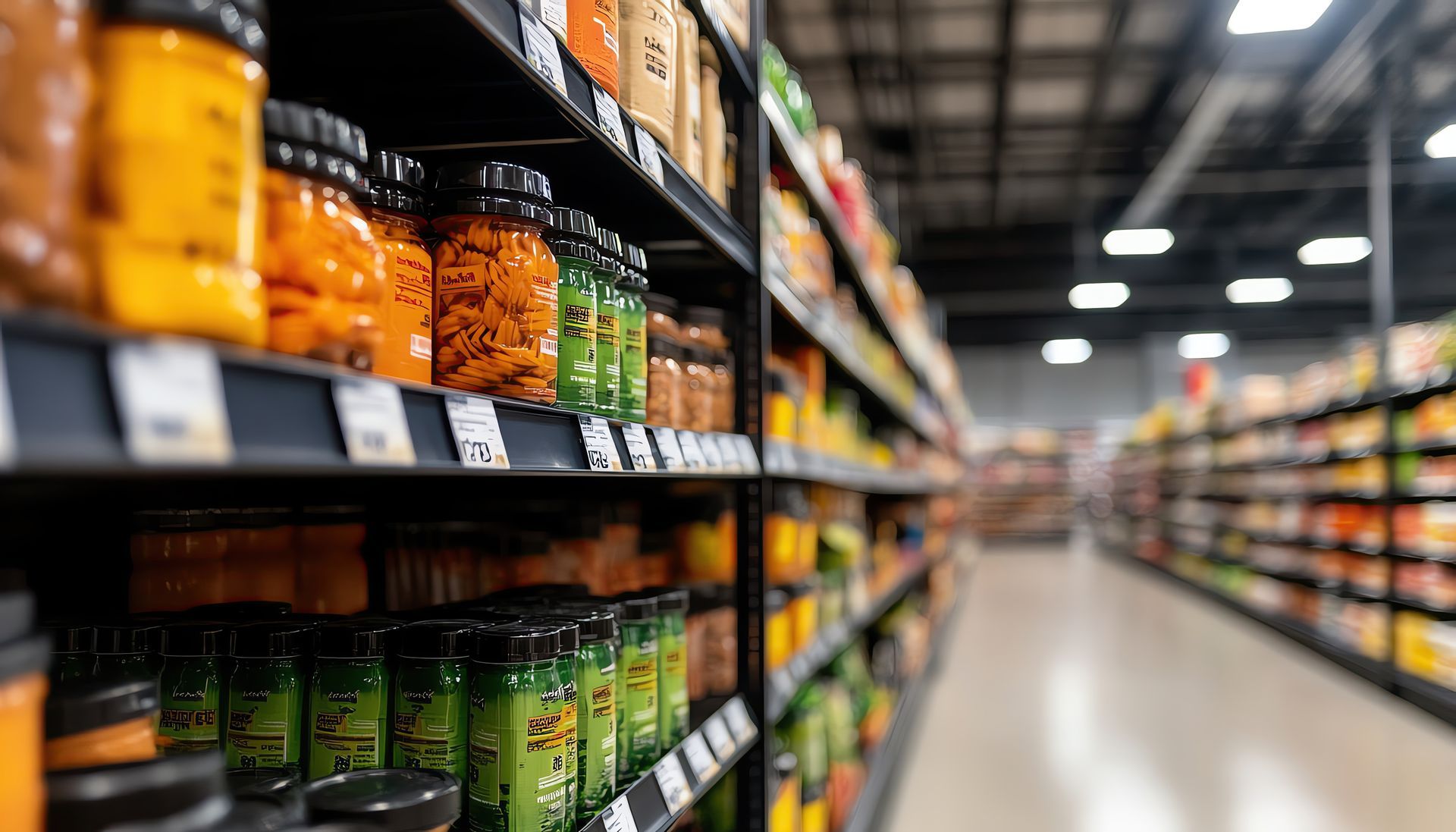 A blurred image of a grocery store aisle filled with jars of food.