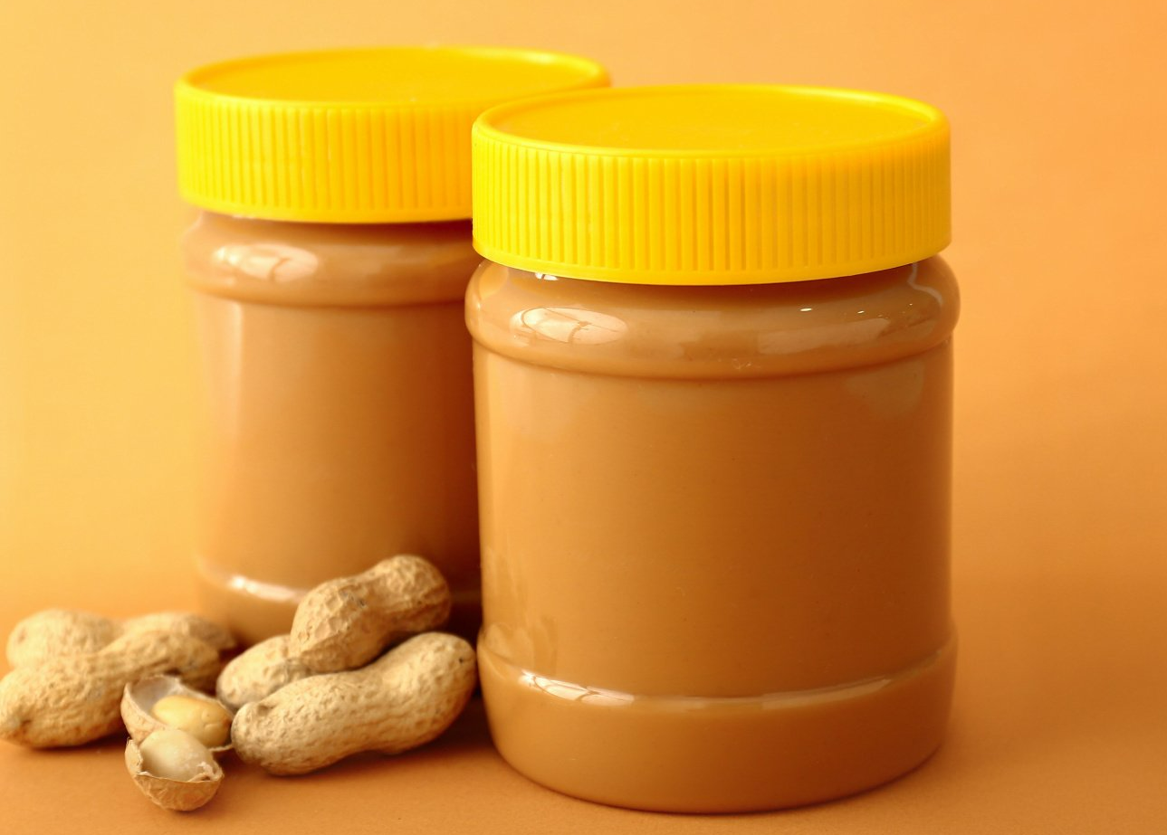 Peanut butter in PET plastic jars.