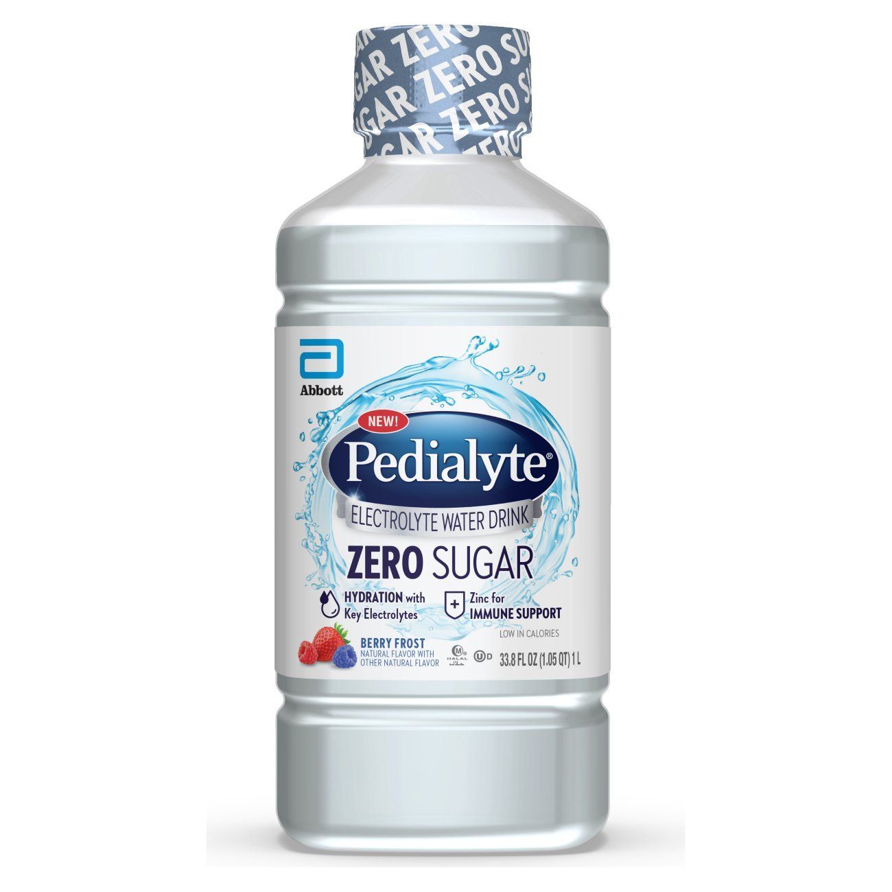 A bottle of pedialyte zero sugar is on a white background.