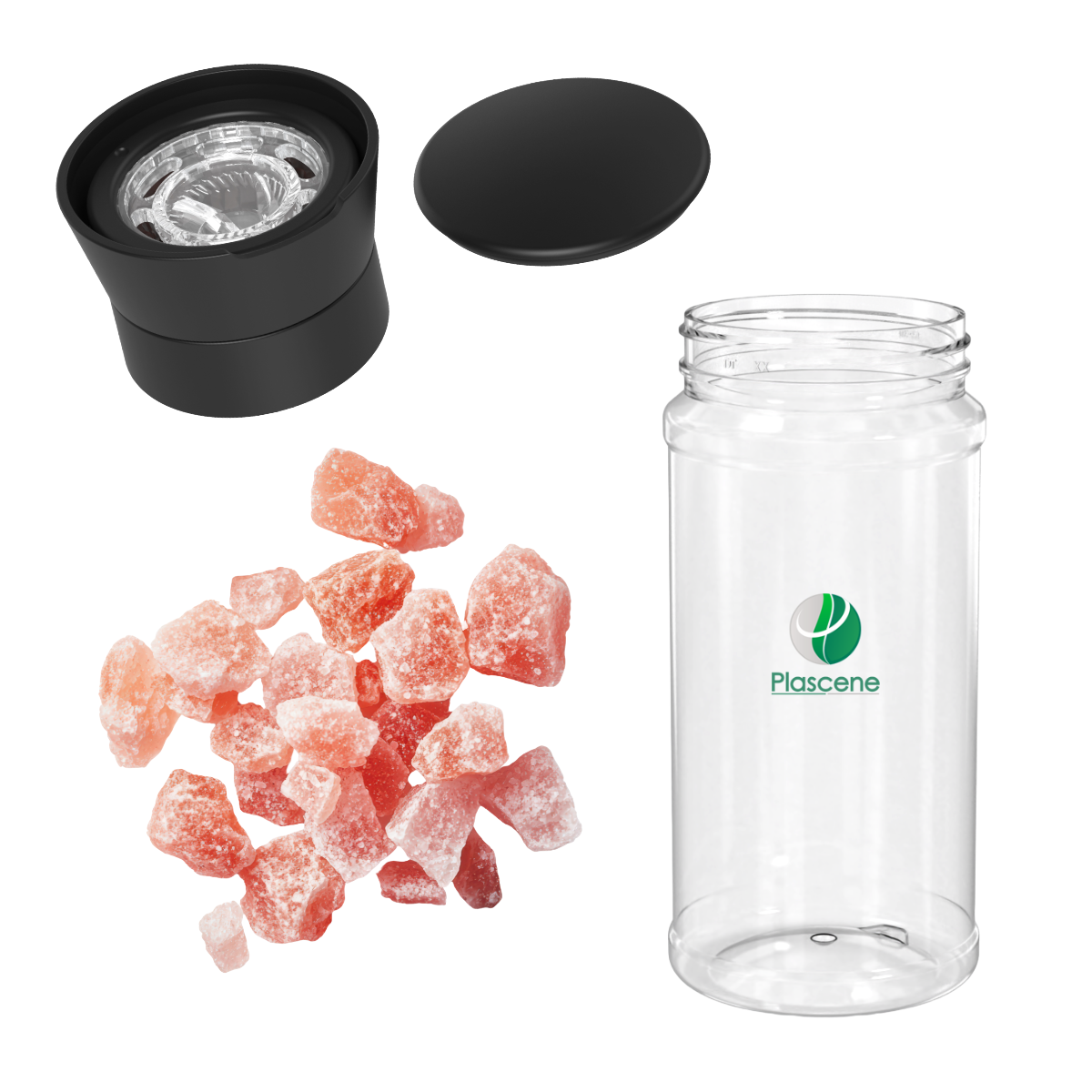 A bottle with a logo on it is next to a pile of rocks and a grinder.