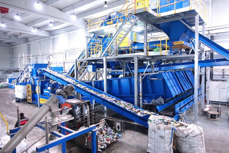 Plascene recycling facility processing PET/rPET plastic bottles