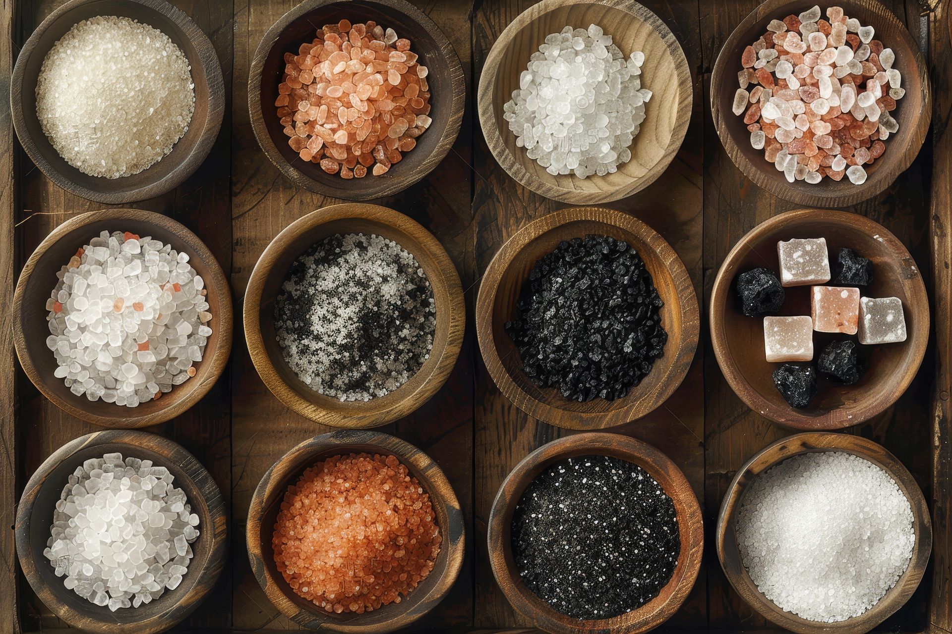 There are many different types of salt in the bowls.