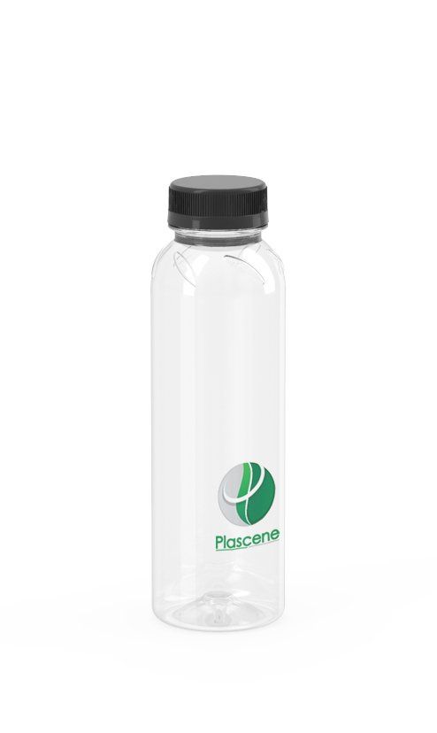Round PET plastic juice bottle.