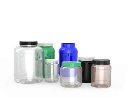 A group of plastic jars with different colored lids on a white background.