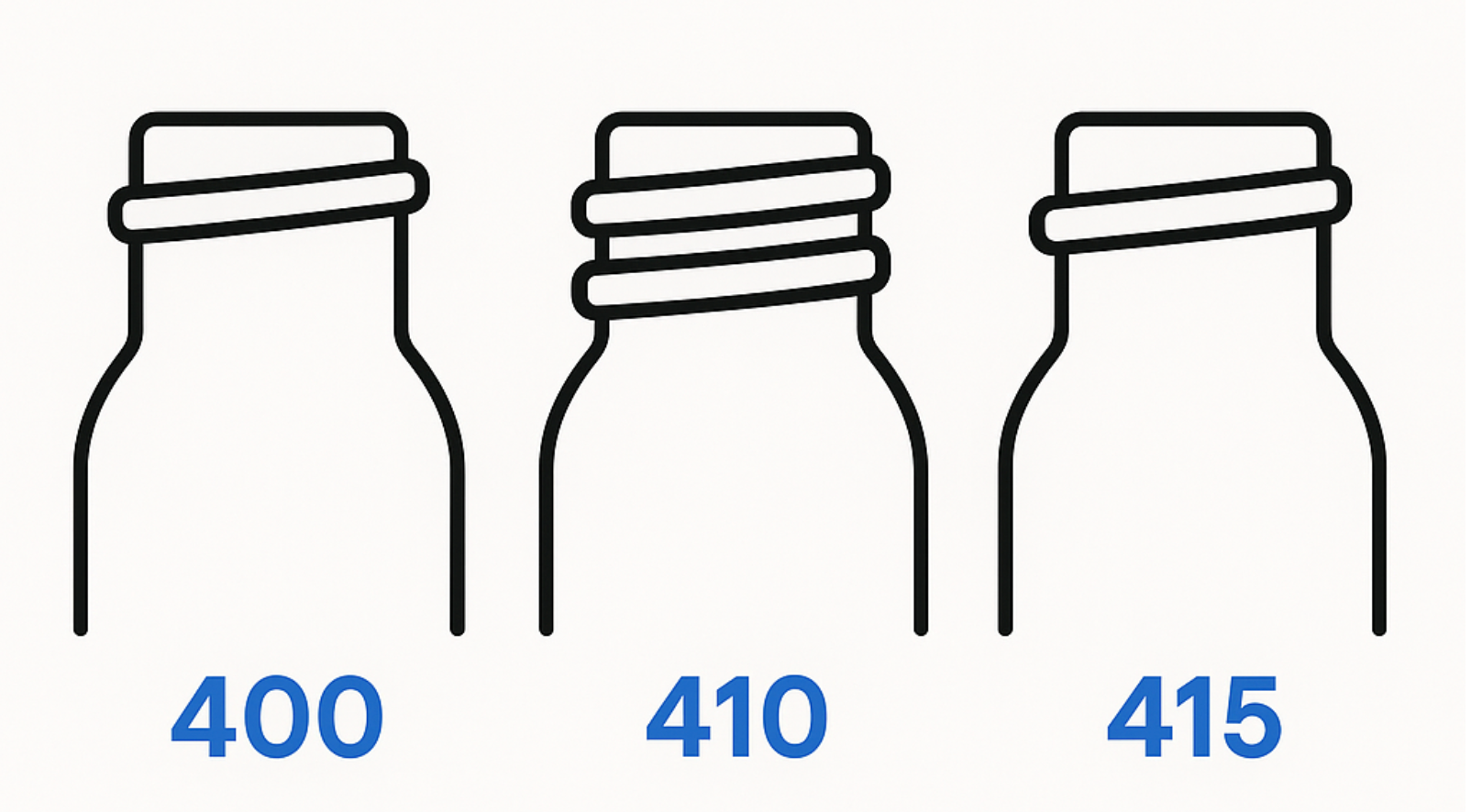A drawing of three bottles with different sizes of caps.