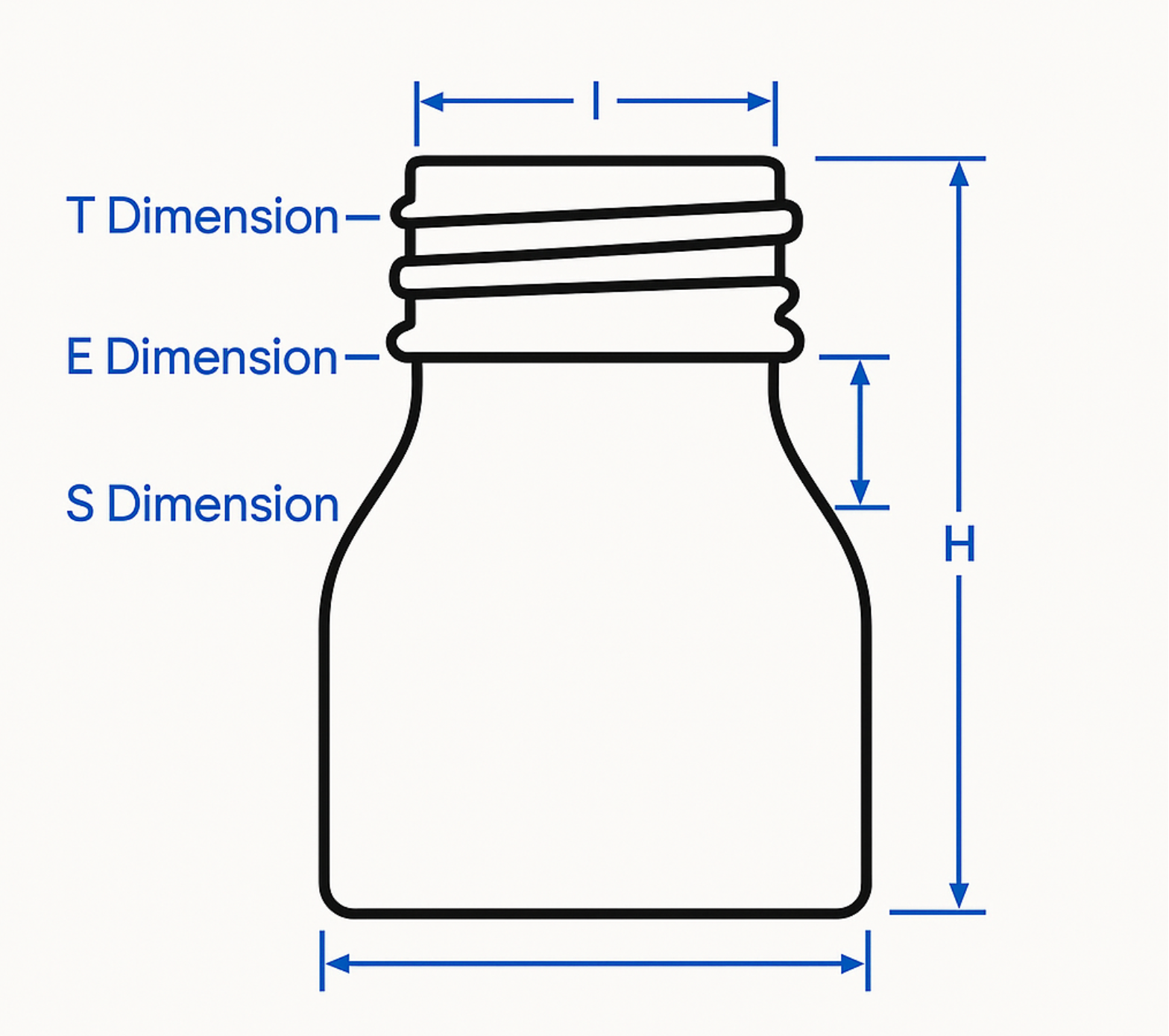 A drawing of a bottle with measurements for t , e , and s dimensions.
