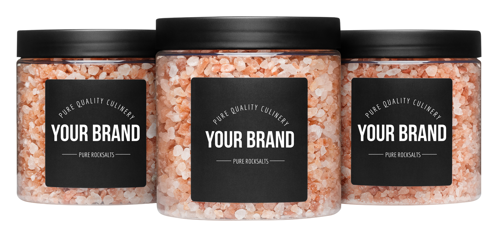 Three jars of salt with a label that says your brand packaging