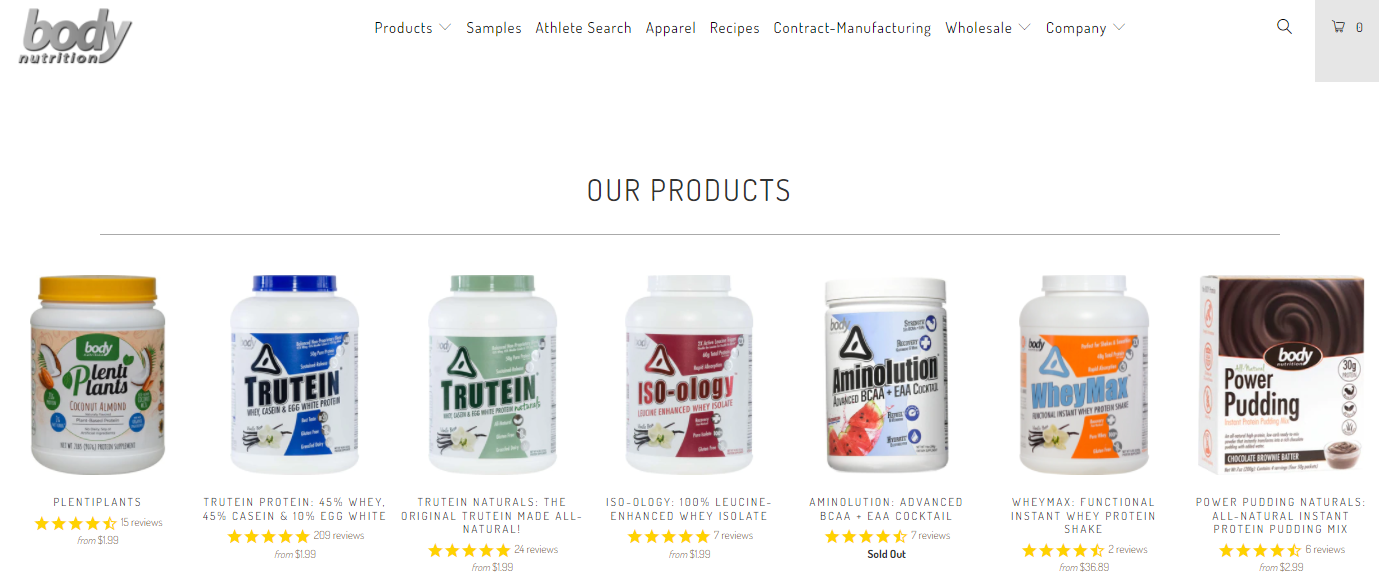Containers of protein powders by Body Nutrition